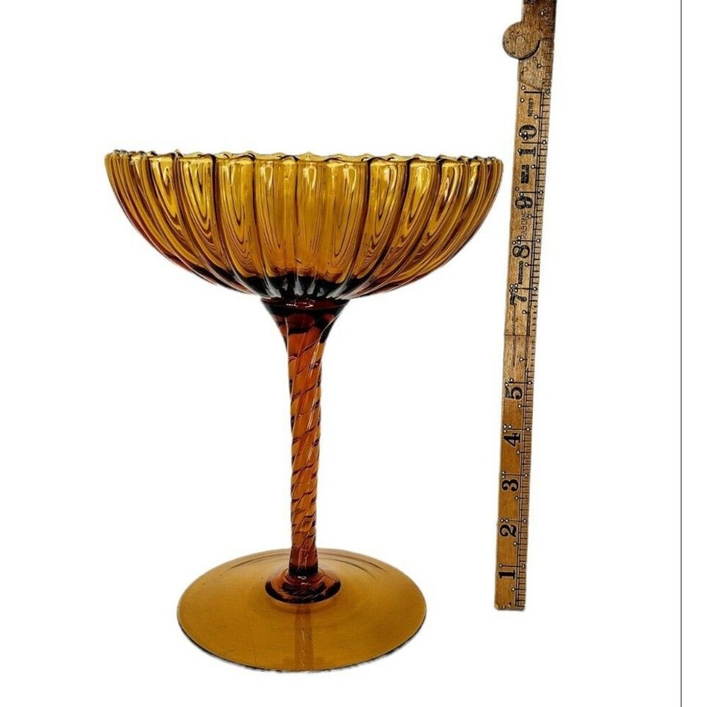 Vintage MCM Empoli Hand Blown Amber Glass Spiral Stem Ribbed Pedestal Candy Dish
